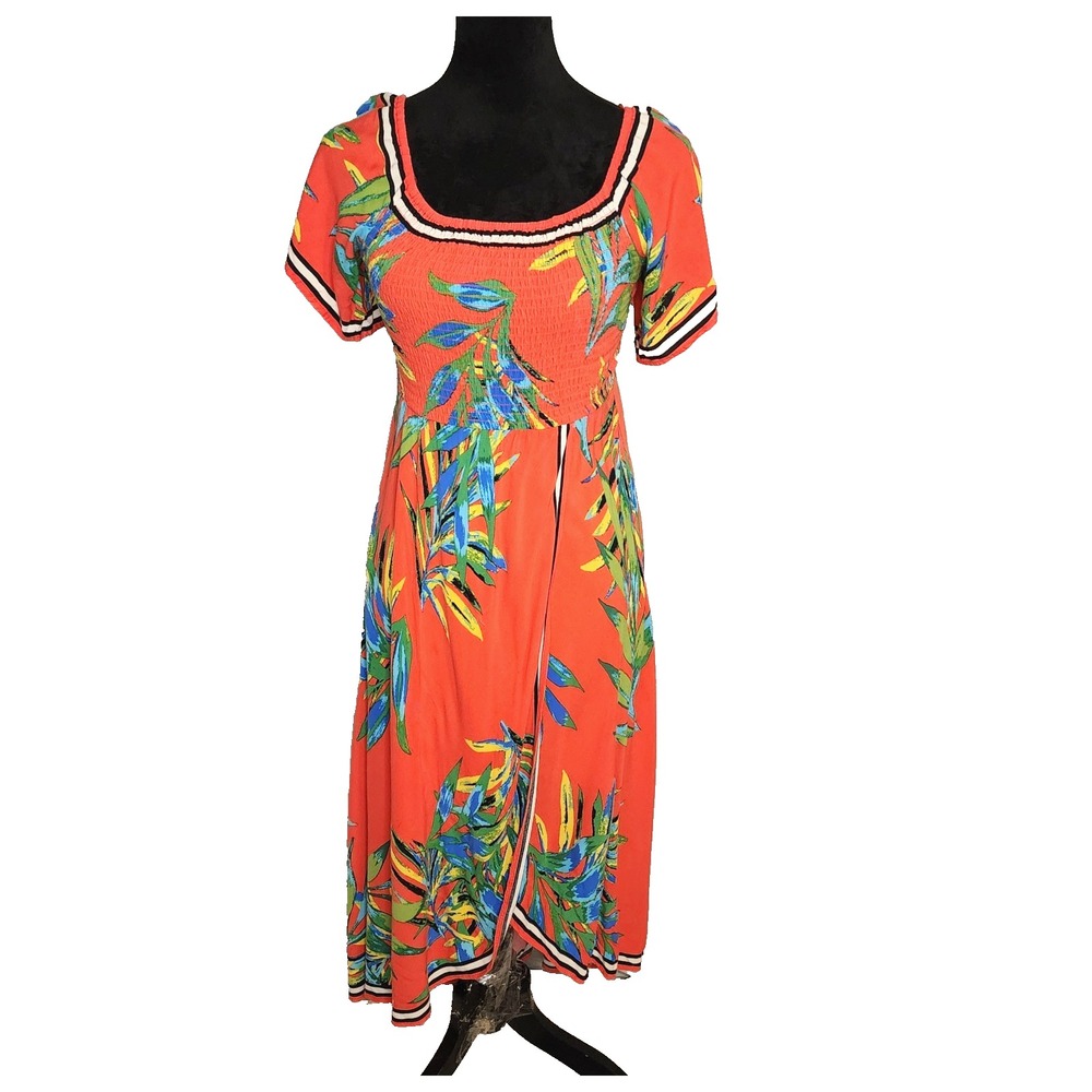 FLYING TOMATO Small Orange Smocked Floral High Low Tulip Hem Midi Dress Vacation